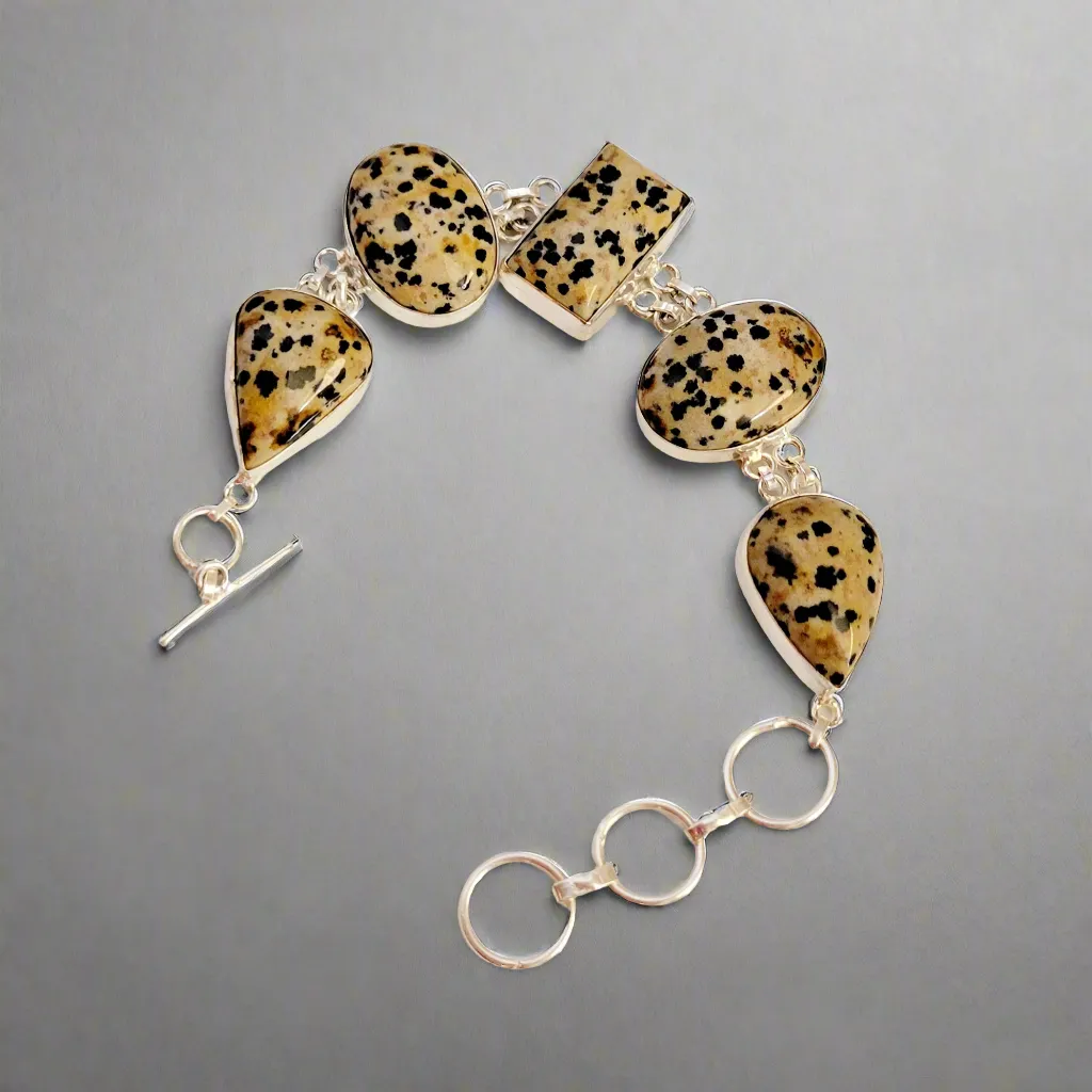Speckle Stone Dalmatian Jasper Sterling Silver Double Link Bracelet