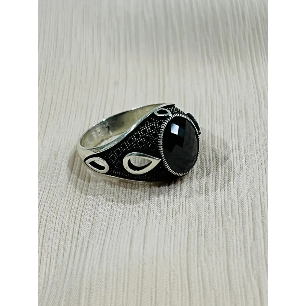 Teardrop Obsidian Sterling Silver Mens Islamic Ottoman Ring