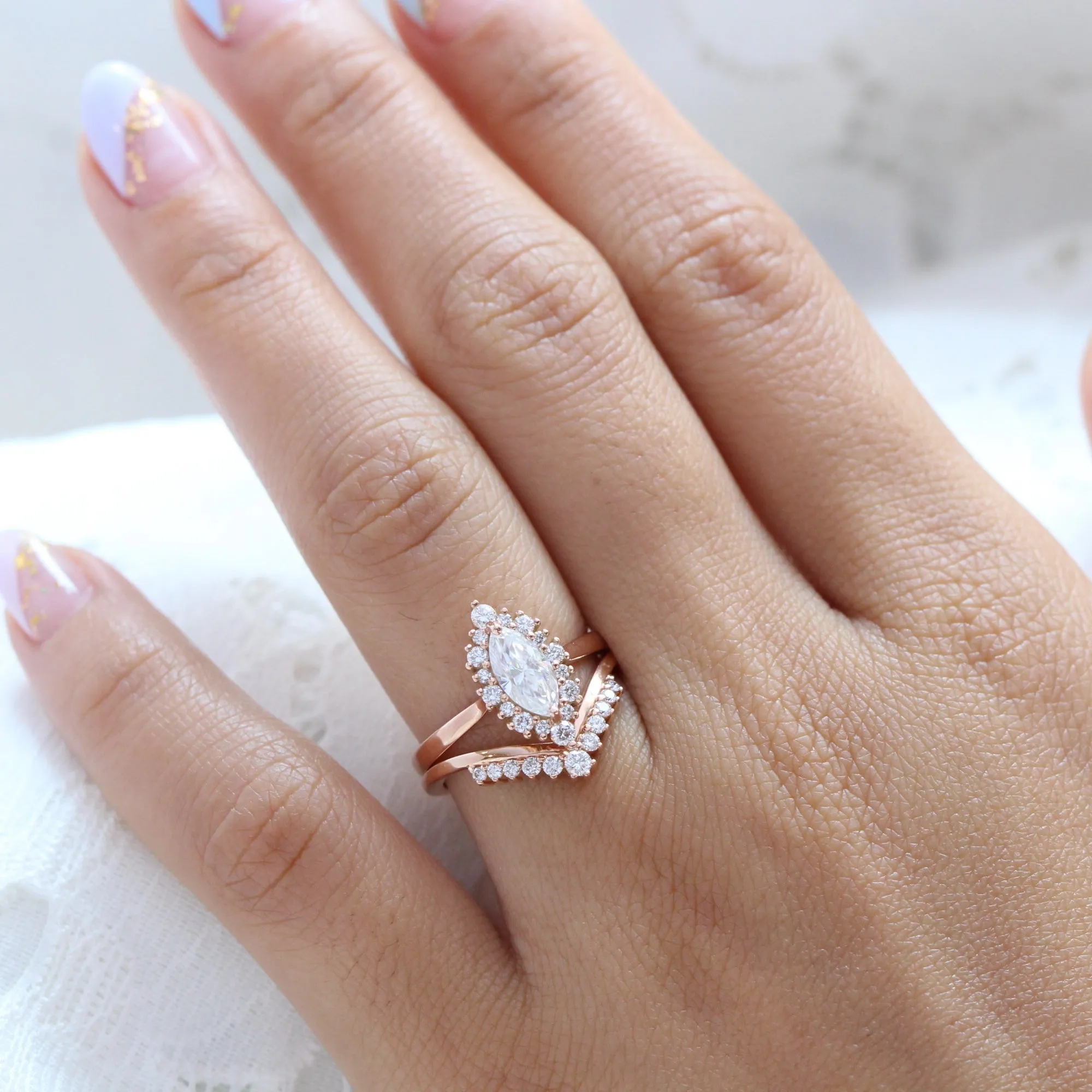Tiara Halo Marquise Tapered Ring Set w/ Moissanite and Tiara Diamond V Shaped Band