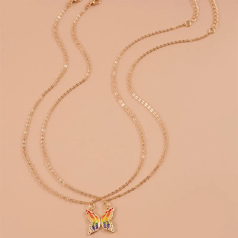 Trendy Rainbow Butterfly Pendant Necklace Set for Women Couple Pride Lgbt Tai Chi Enamel Choker Chain Party Friends Jewelry Gift