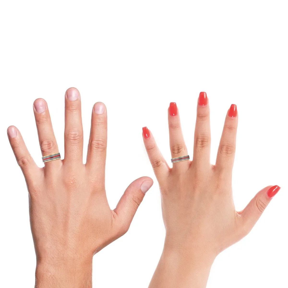 TRIBUTARY | Multi Color Wood, Silver Tungsten Ring, Red Groove, Gold Beveled Edge