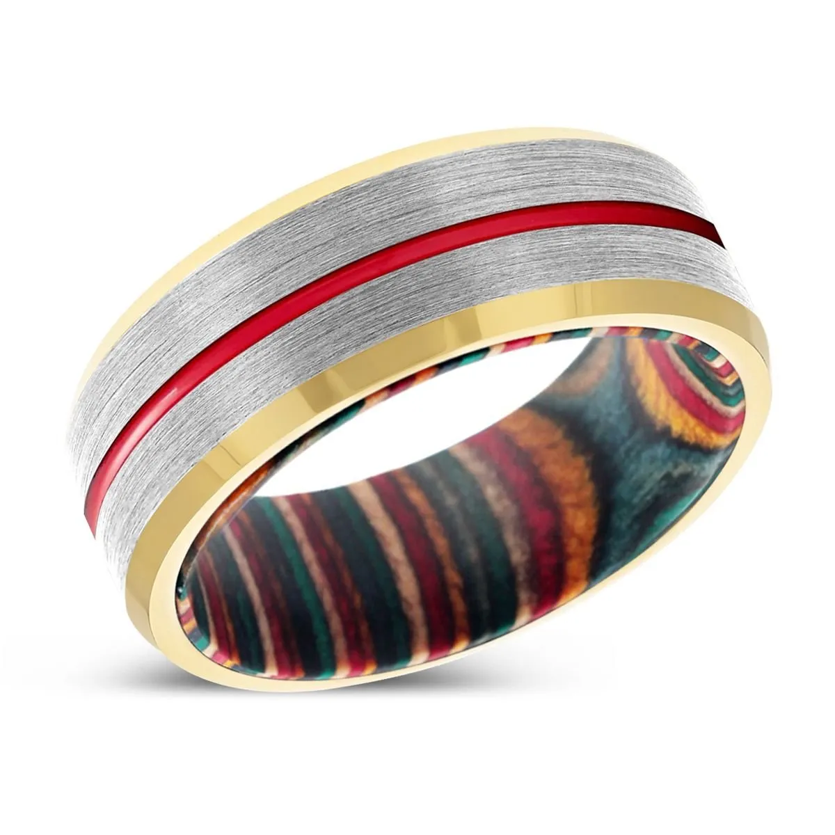 TRIBUTARY | Multi Color Wood, Silver Tungsten Ring, Red Groove, Gold Beveled Edge