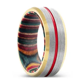 TRIBUTARY | Multi Color Wood, Silver Tungsten Ring, Red Groove, Gold Beveled Edge