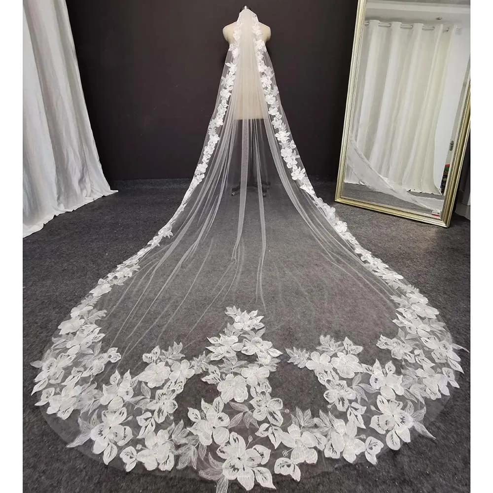 Tulle Flower Lace Cathedral Wedding Veil 3 Meters 1 Layer Bridal Veil