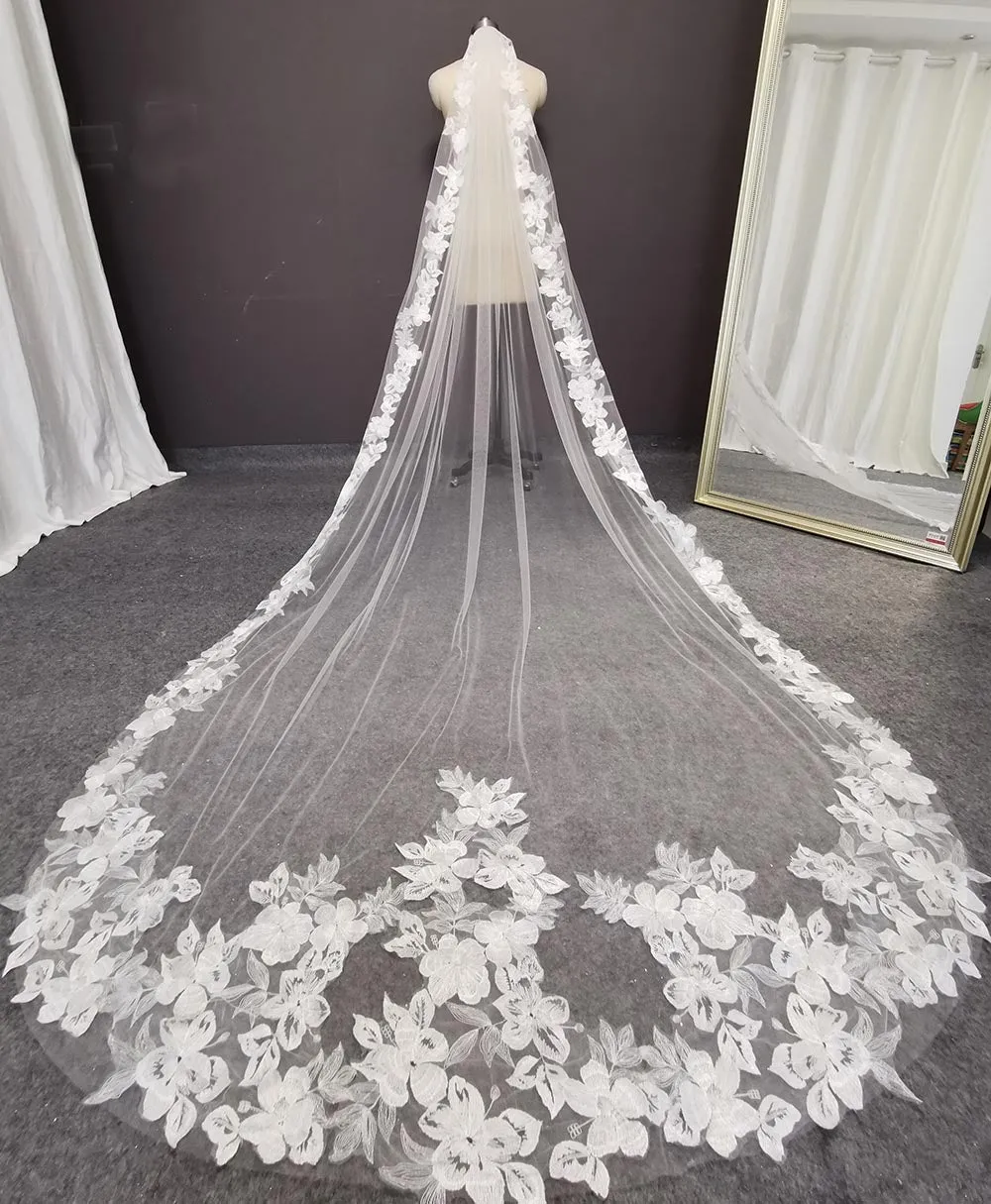 Tulle Flower Lace Cathedral Wedding Veil 3 Meters 1 Layer Bridal Veil