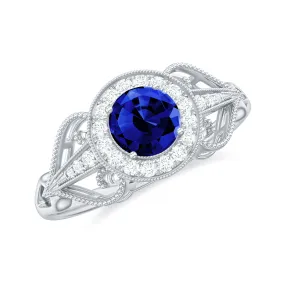 Vintage Created Blue Sapphire Diamond Beaded Engagement Ring