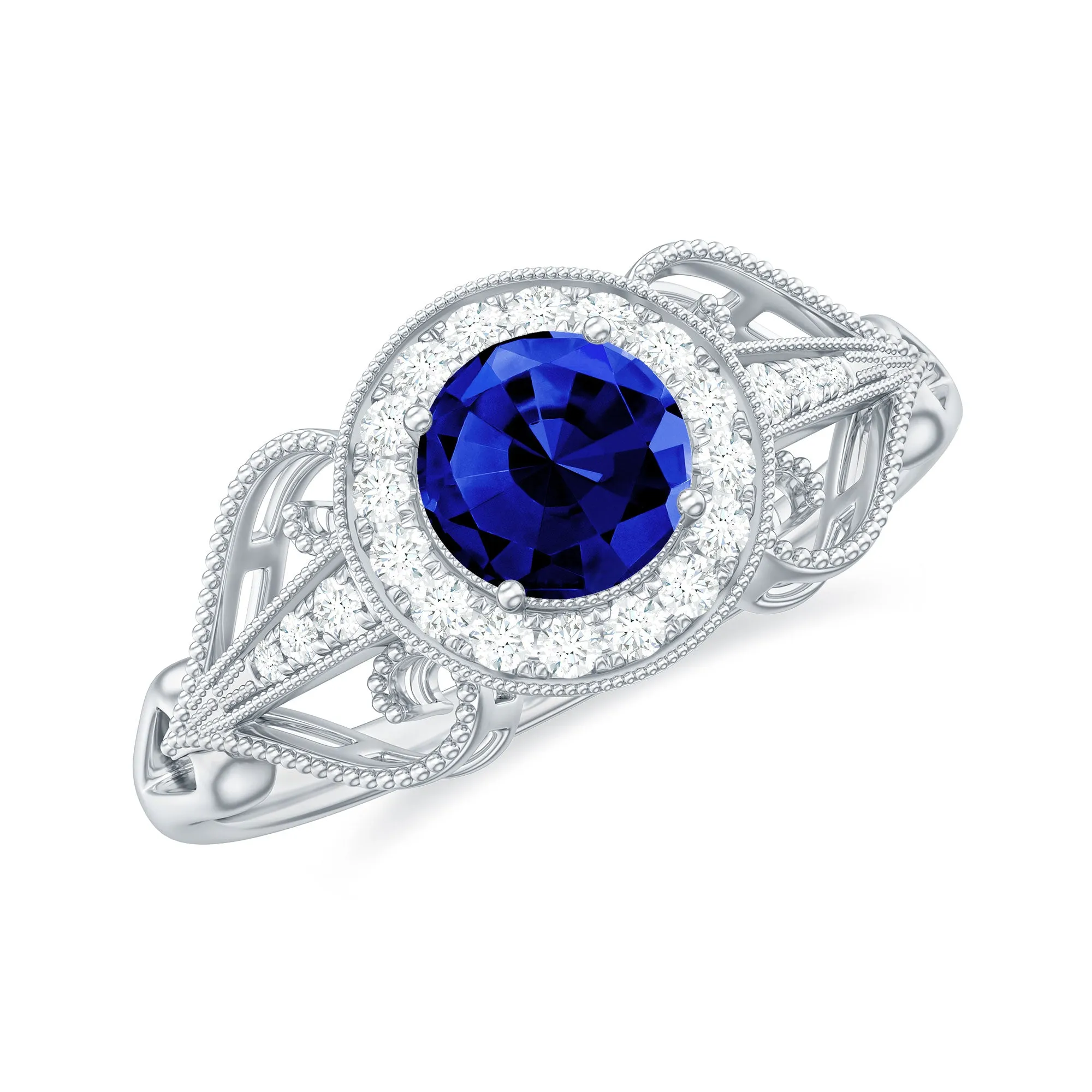 Vintage Created Blue Sapphire Diamond Beaded Engagement Ring