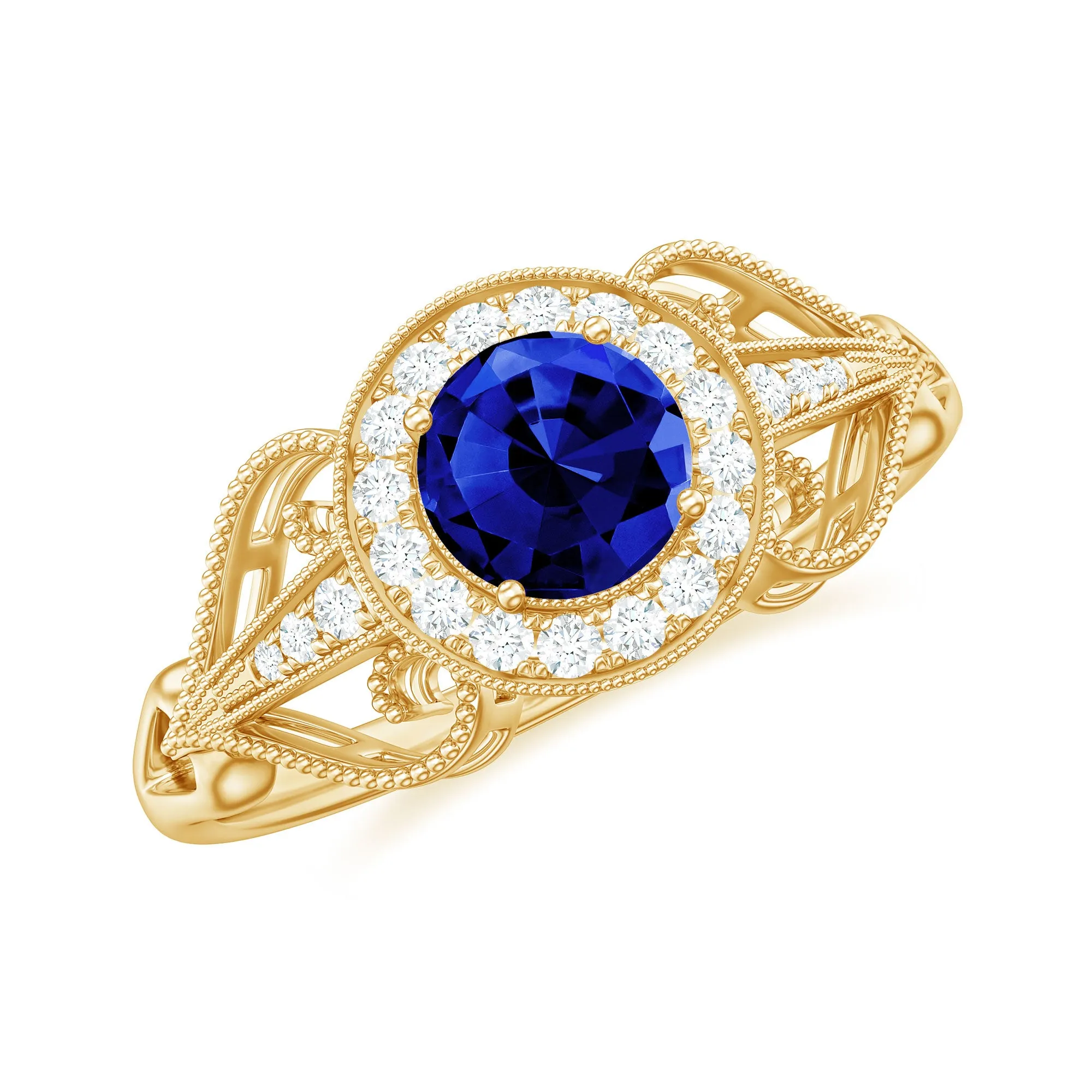 Vintage Created Blue Sapphire Diamond Beaded Engagement Ring
