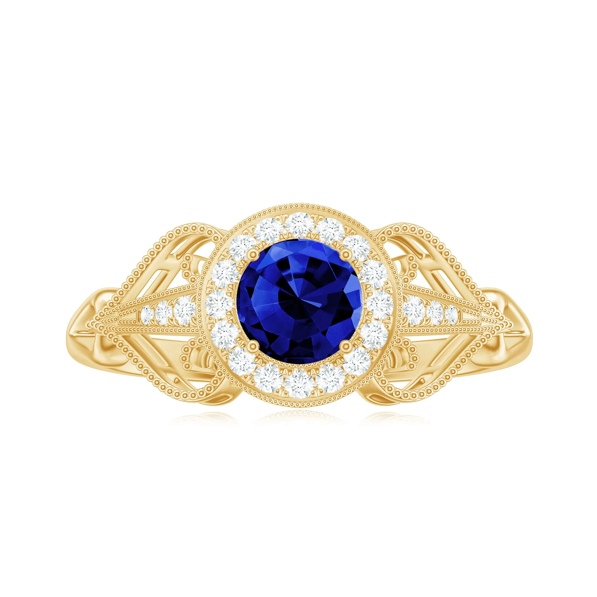 Vintage Created Blue Sapphire Diamond Beaded Engagement Ring