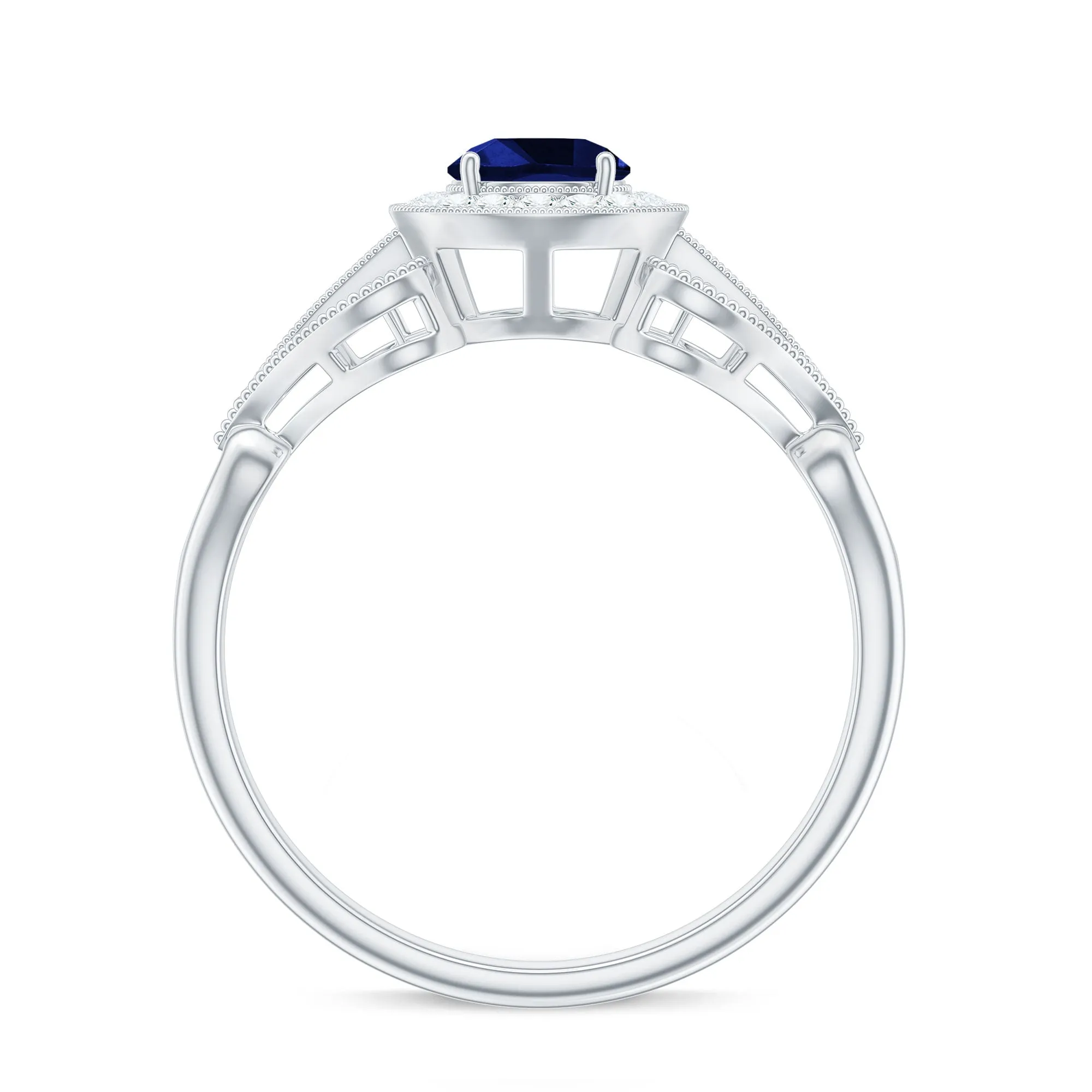 Vintage Created Blue Sapphire Diamond Beaded Engagement Ring