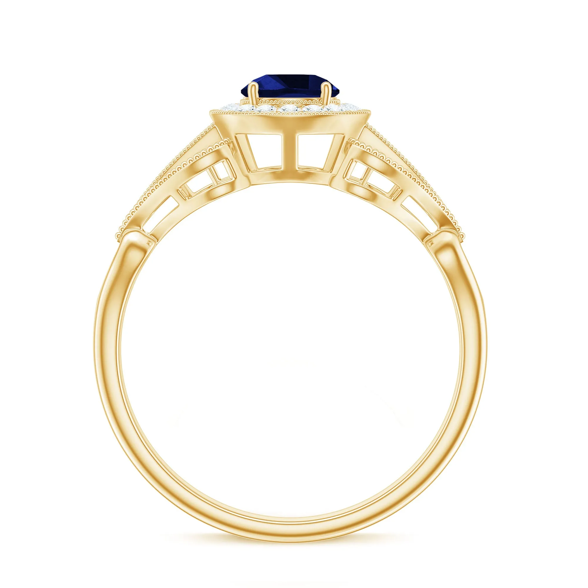 Vintage Created Blue Sapphire Diamond Beaded Engagement Ring