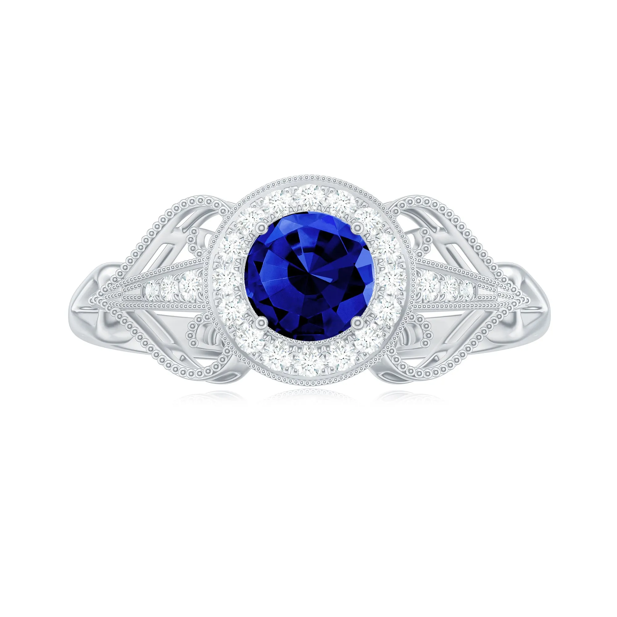 Vintage Created Blue Sapphire Diamond Beaded Engagement Ring