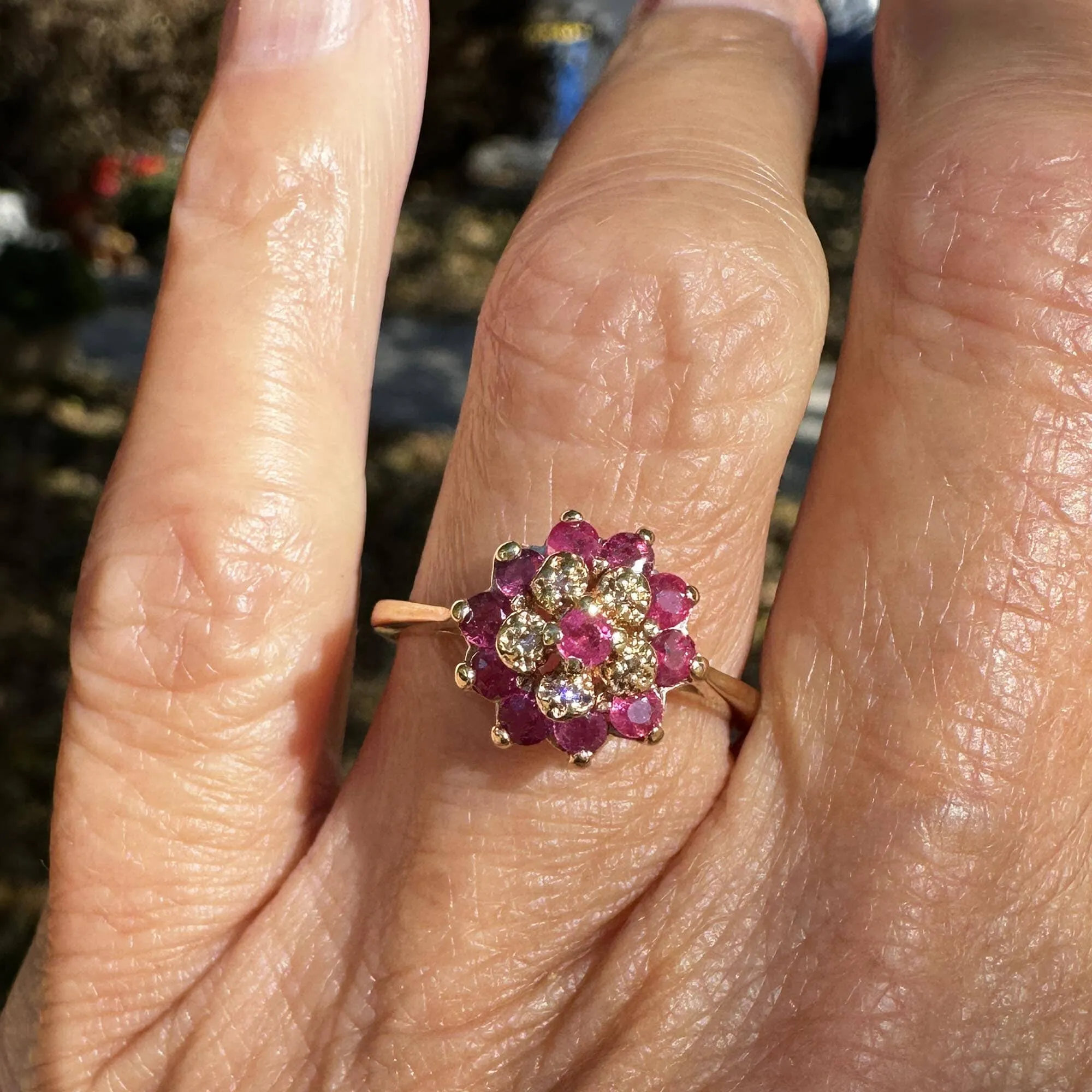 Vintage Diamond Flower Cluster Ruby Ring in 10K Gold
