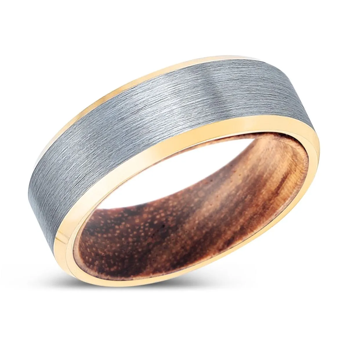 WILDLEAF | Zebra Wood, Brushed, Silver Tungsten Ring, Gold Beveled Edges