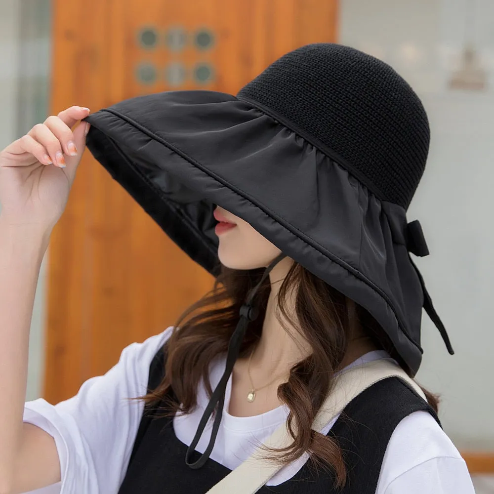 Women's Summer Shade Cap Fashion Big Brim Hollow Out Ceiling Design Sun Hat Female Travel Bow Bucket Hat