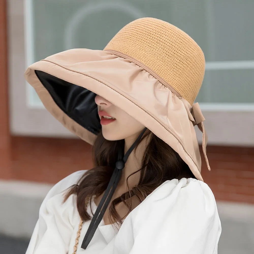 Women's Summer Shade Cap Fashion Big Brim Hollow Out Ceiling Design Sun Hat Female Travel Bow Bucket Hat