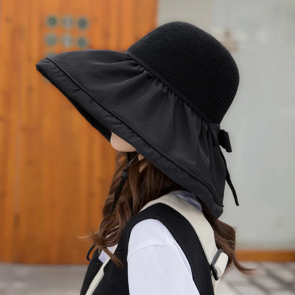 Women's Summer Shade Cap Fashion Big Brim Hollow Out Ceiling Design Sun Hat Female Travel Bow Bucket Hat