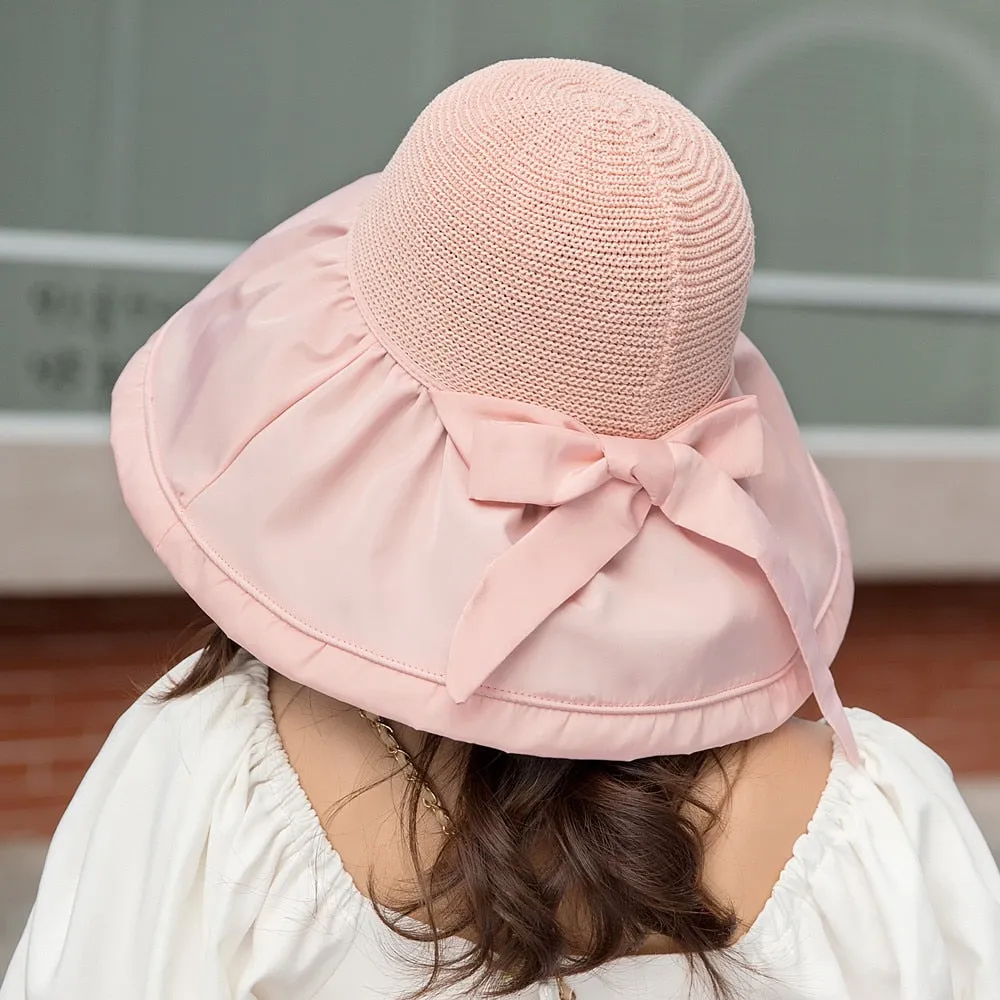 Women's Summer Shade Cap Fashion Big Brim Hollow Out Ceiling Design Sun Hat Female Travel Bow Bucket Hat