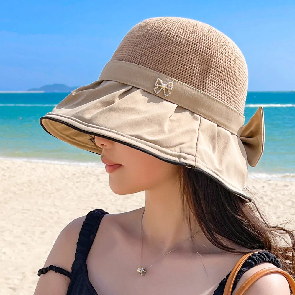 Women's Summer Sun Hat Fashion Hollow Bow Design Sun Cap Female Travel Beach Bucket Hat