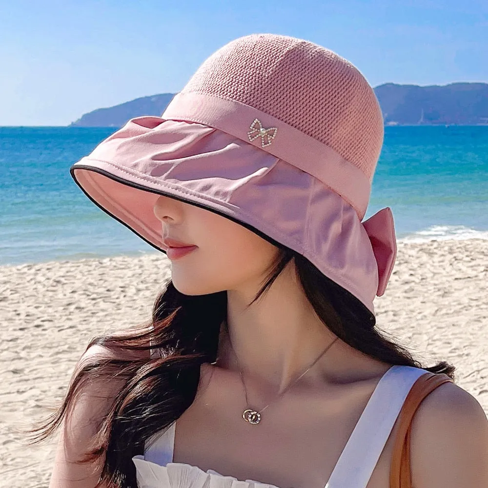 Women's Summer Sun Hat Fashion Hollow Bow Design Sun Cap Female Travel Beach Bucket Hat