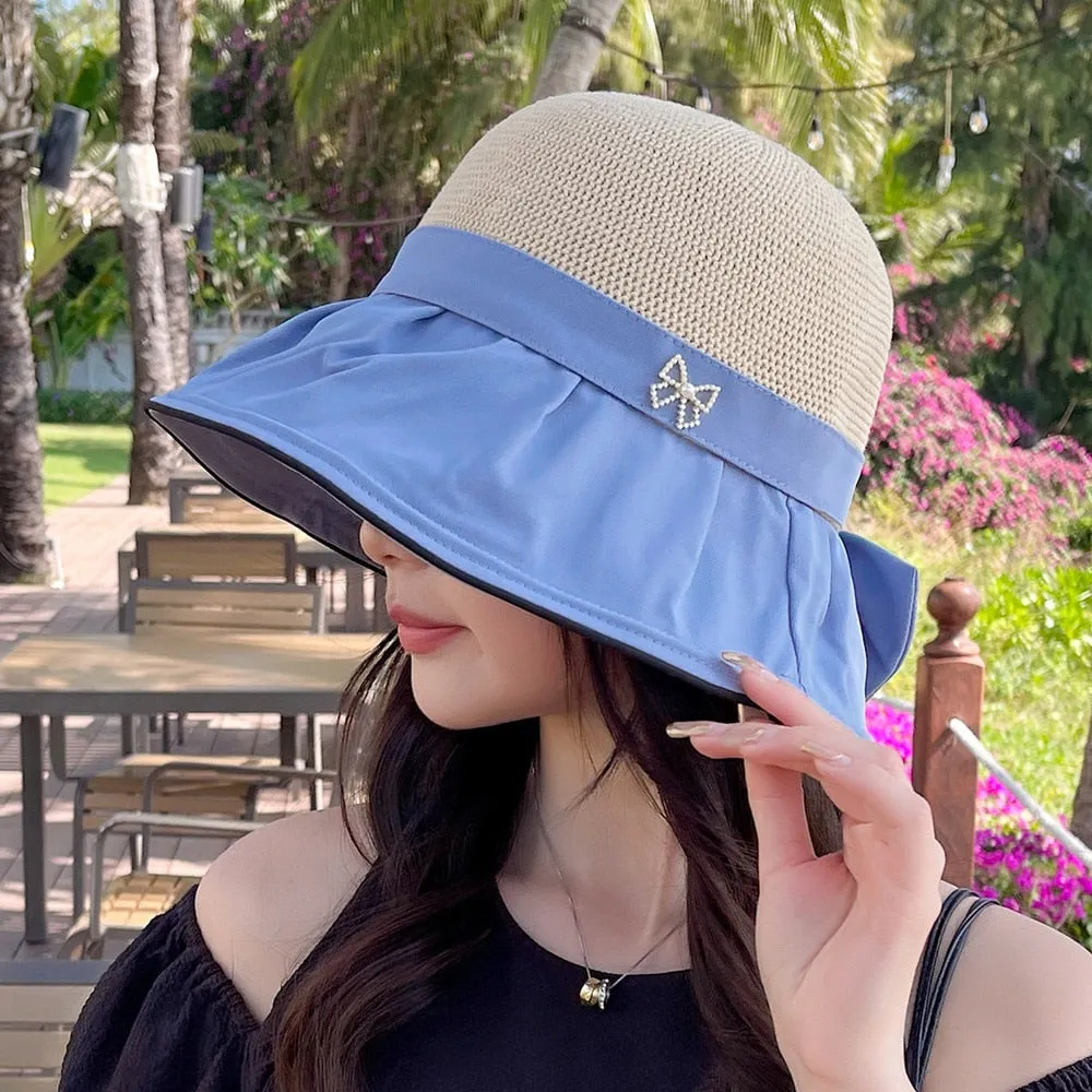 Women's Summer Sun Hat Fashion Hollow Bow Design Sun Cap Female Travel Beach Bucket Hat